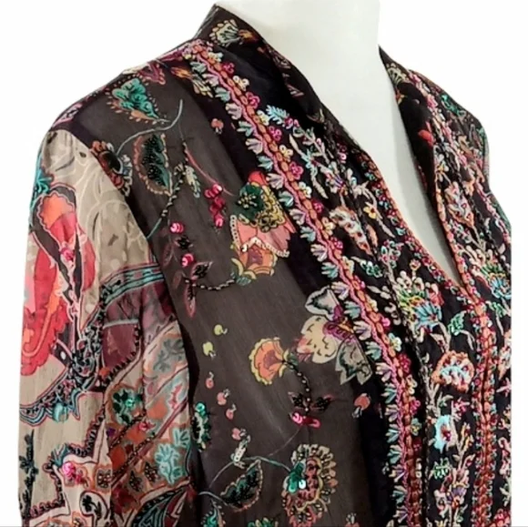 Soft Surroundings Asteria Beaded Sequin Tunic Top Varenna Plum Mixed Floral Sz S - Picture 11 of 16